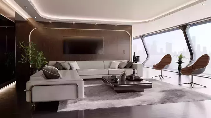 Modern Wooden Living Room 3D Model 3D model