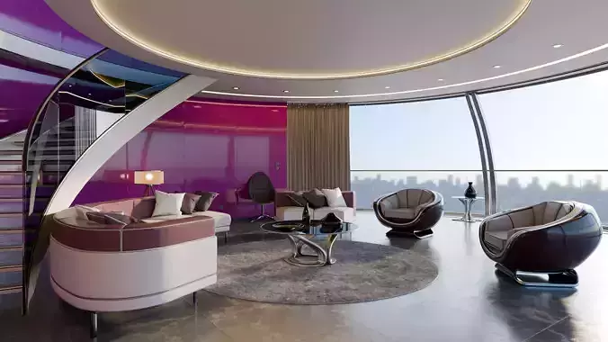 Modern Purple Living Room 3D Model 3D model