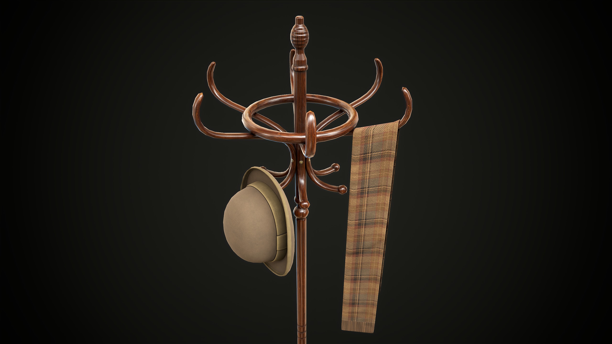 Vintage Wooden Coat Rack Low-poly 3D model_2