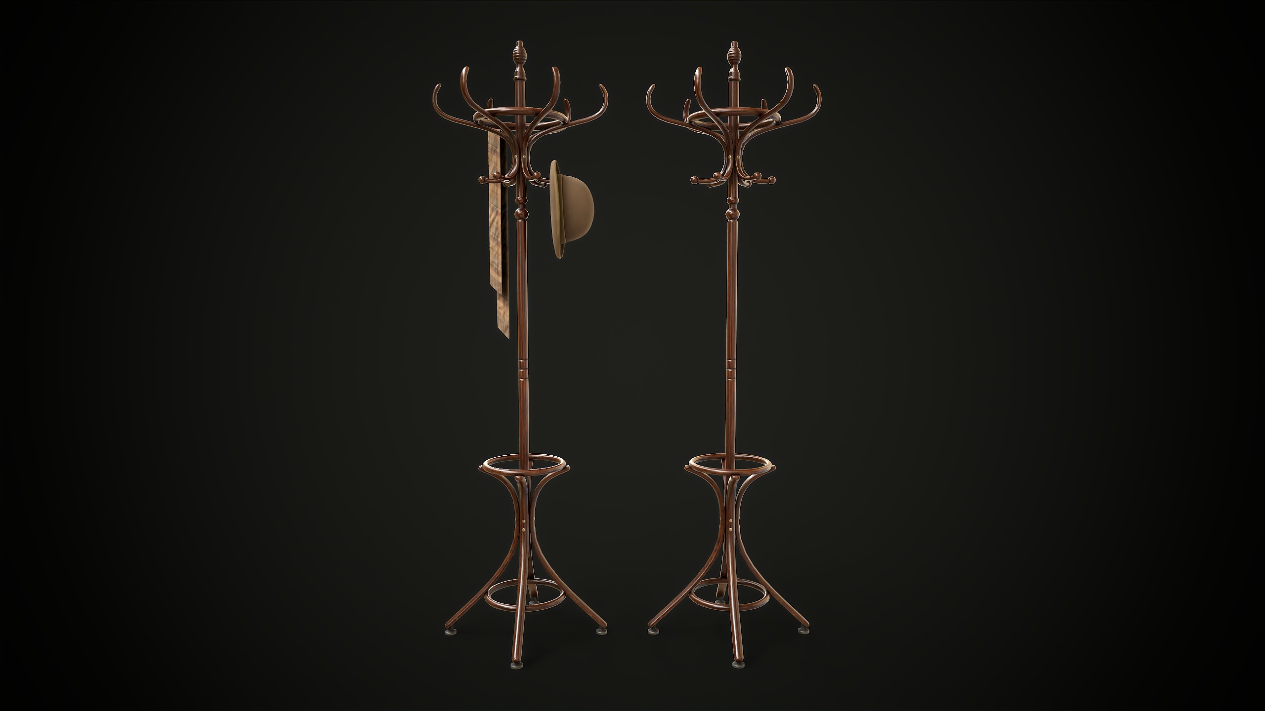 Vintage Wooden Coat Rack Low-poly 3D model_1