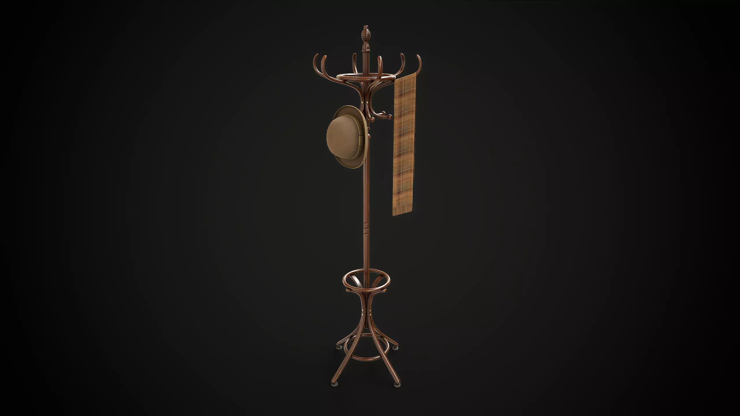 Vintage Wooden Coat Rack Low-poly 3D model_0