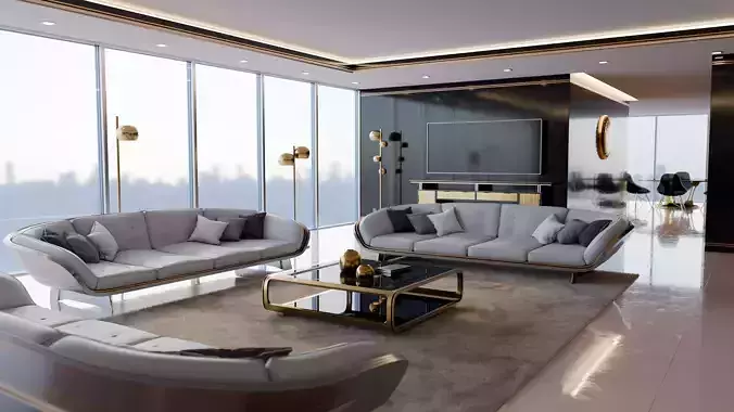 Modern Deco Living Room 3D Model 3D model