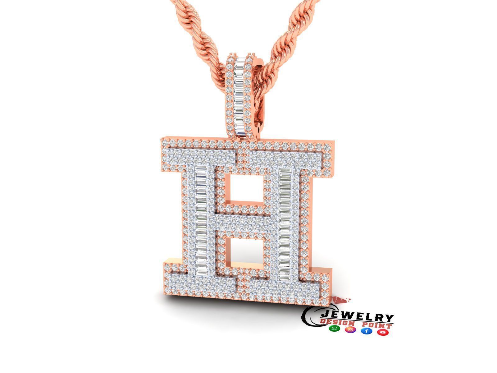Custom Initial H Letter Diamond Pendant AtoZ Alphabet Necklace 3D print model_2