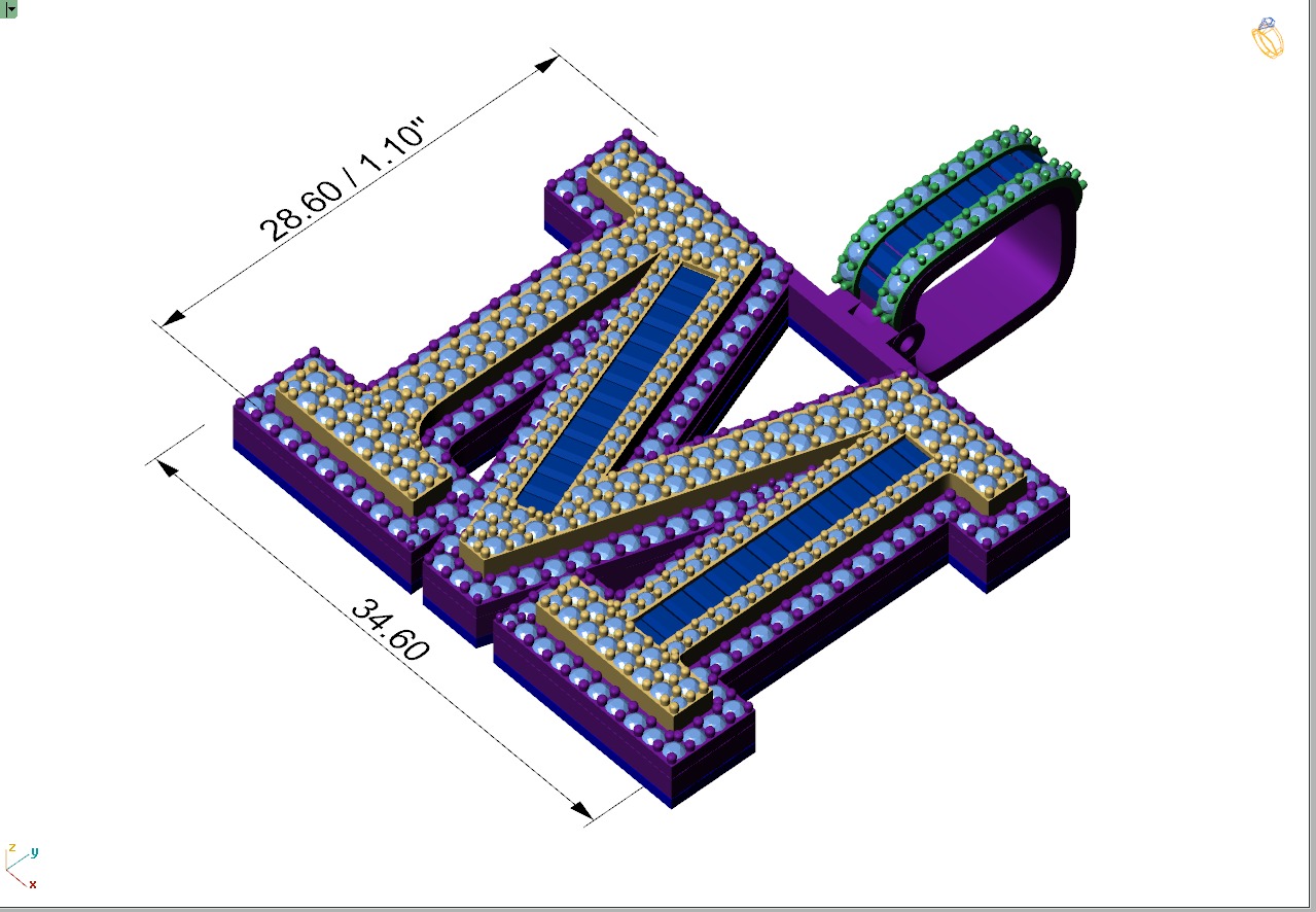 Custom Initial M Letter Diamond Pendant AtoZ Alphabet Necklace 3D print model_4