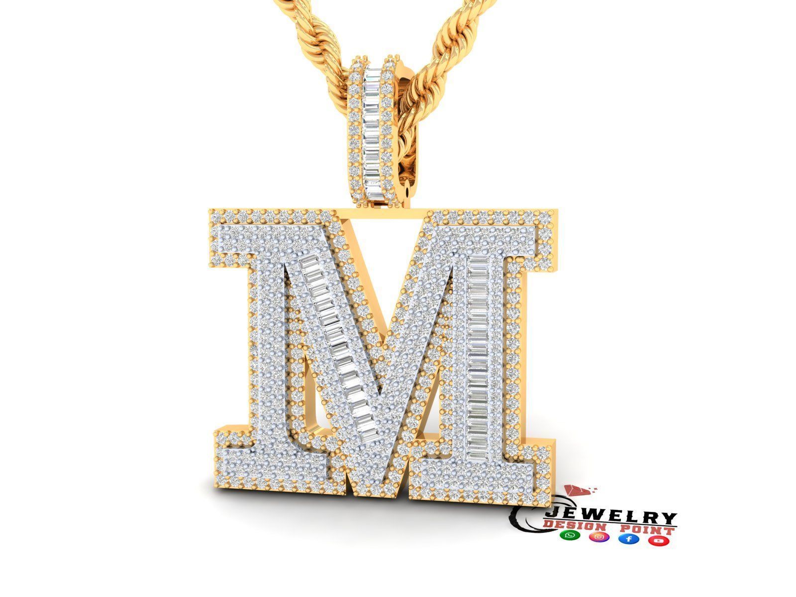 Custom Initial M Letter Diamond Pendant AtoZ Alphabet Necklace 3D print model_2