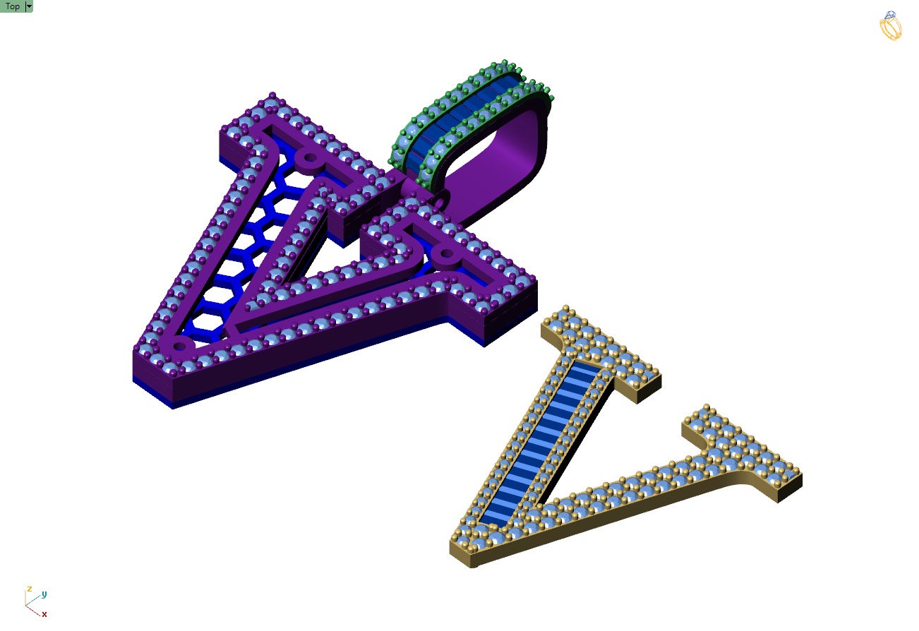 Custom Initial V Letter Diamond Pendant AtoZ Alphabet Necklace 3D print model_9