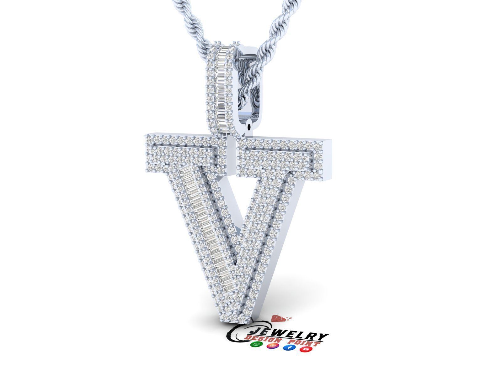 Custom Initial V Letter Diamond Pendant AtoZ Alphabet Necklace 3D print model_3