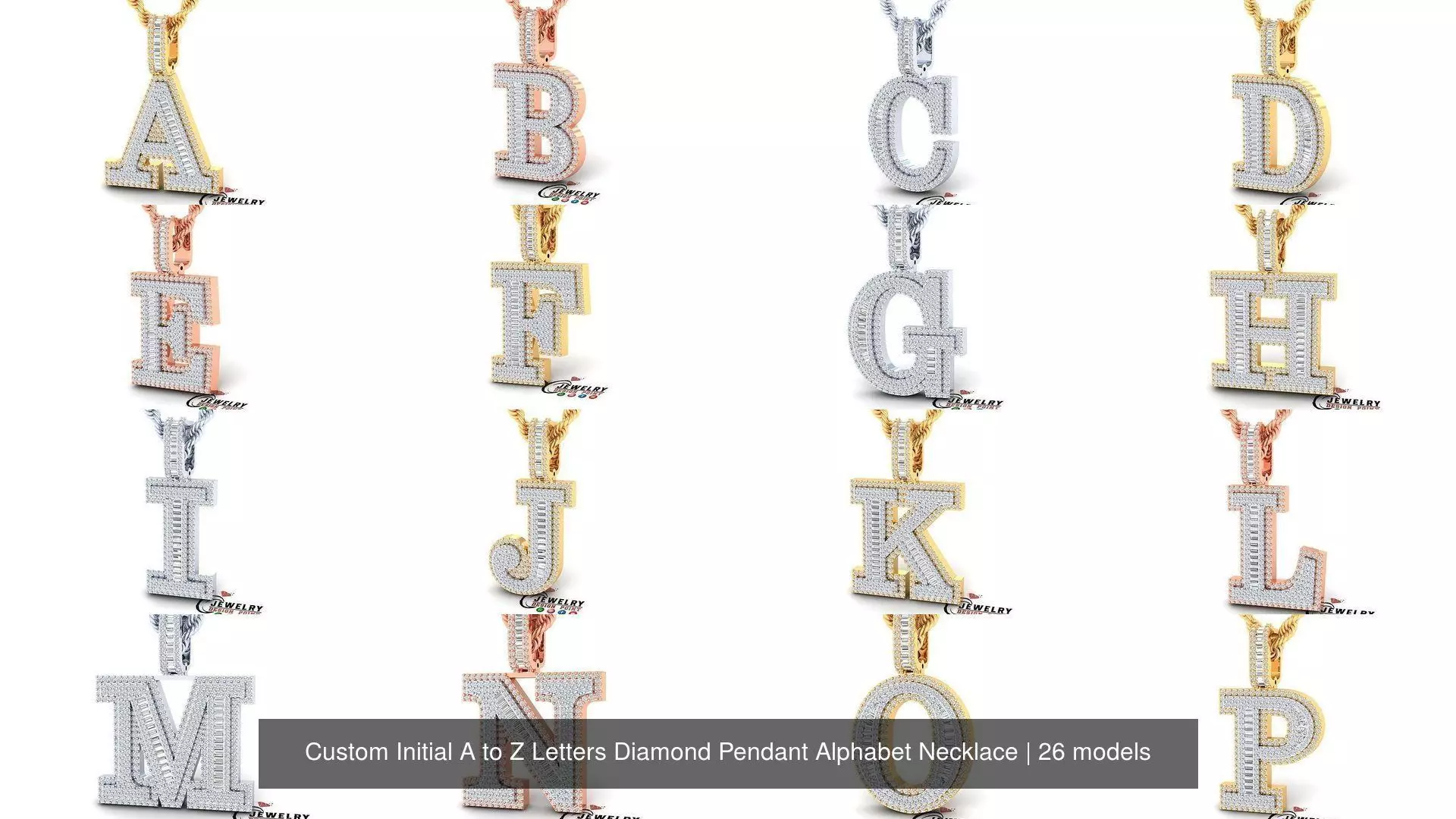 Custom Initial A to Z Letters Diamond Pendant Alphabet Necklace 3D Model Collection_0