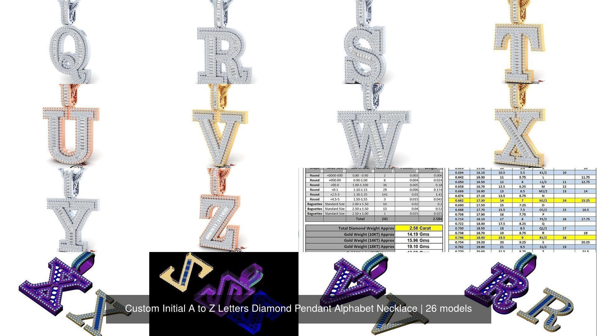 Custom Initial A to Z Letters Diamond Pendant Alphabet Necklace 3D Model Collection_27