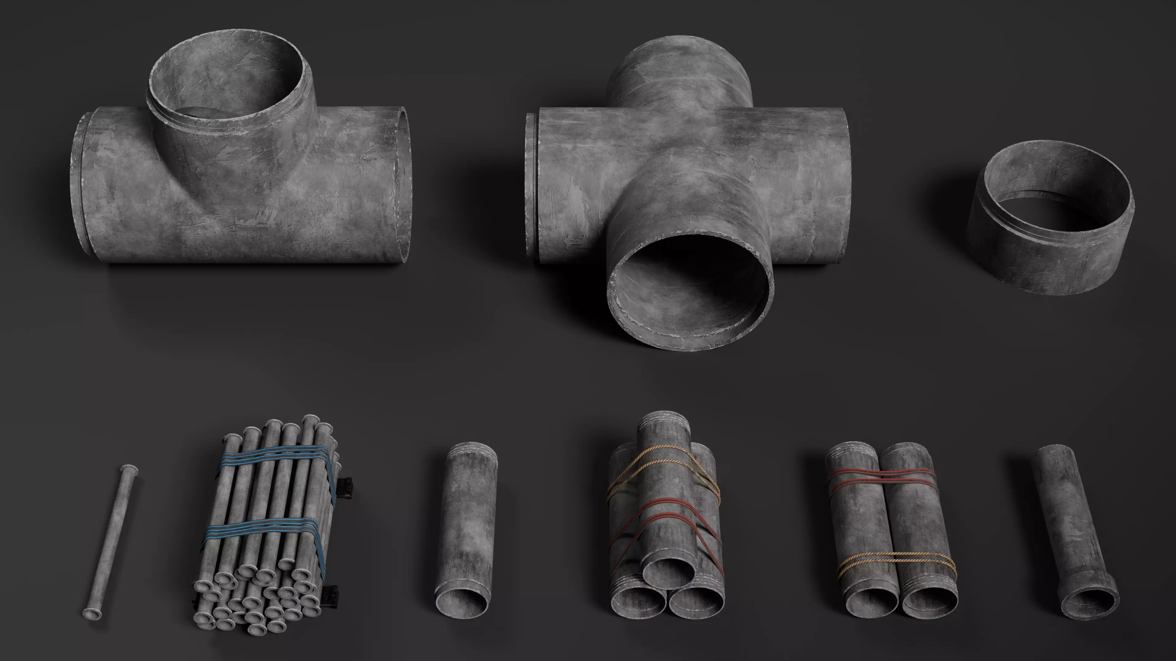 Modular Concrete Pipe Set Low-poly 3D model_0