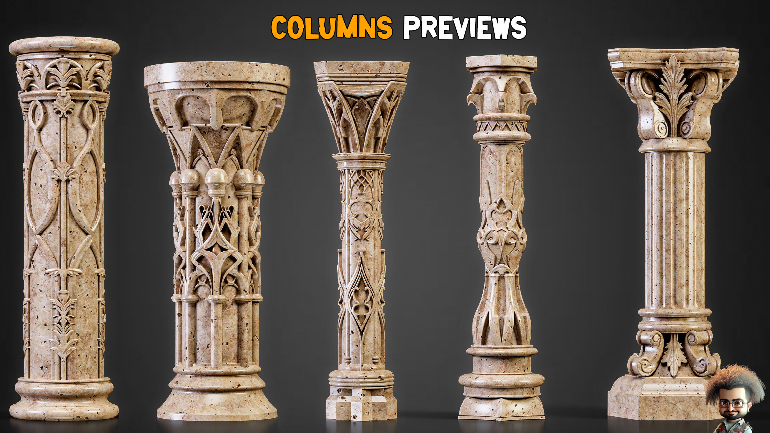 20 Gothic Columns 50 Ornaments Brushes IMM  Tutorials   Vol 30 Low-poly 3D model_6
