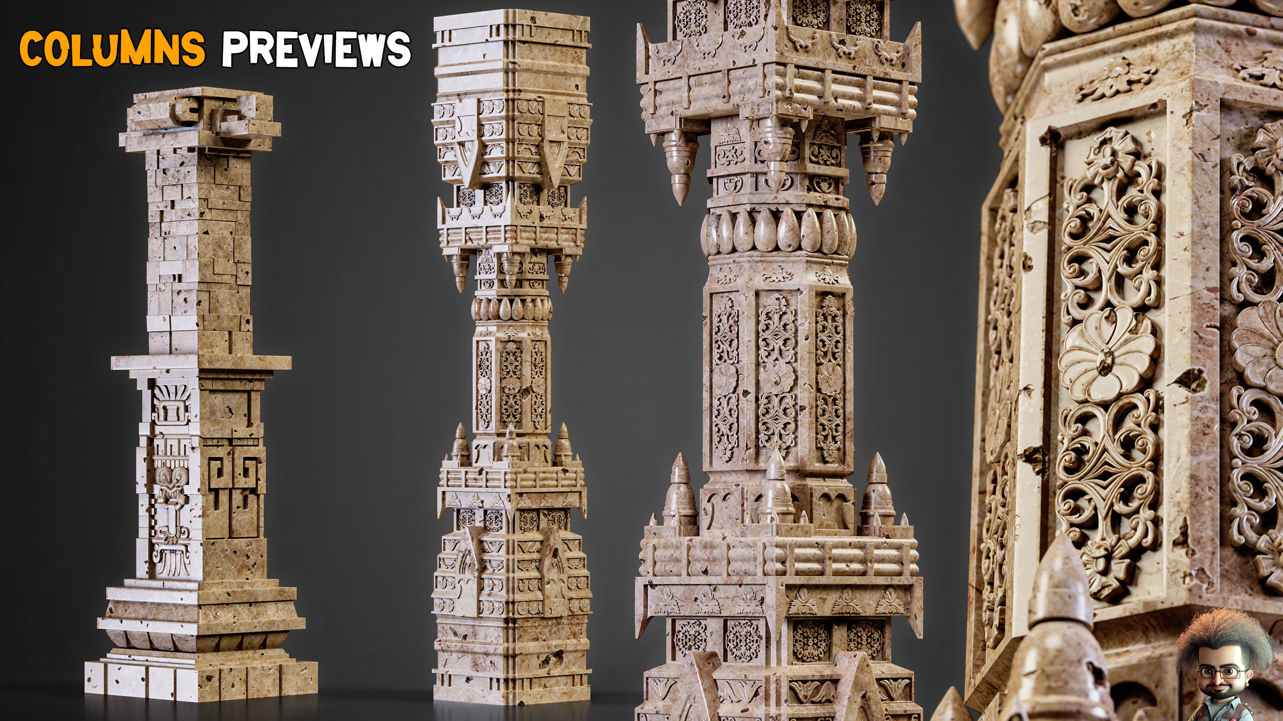 20 Gothic Columns 50 Ornaments Brushes IMM  Tutorials   Vol 30 Low-poly 3D model_2