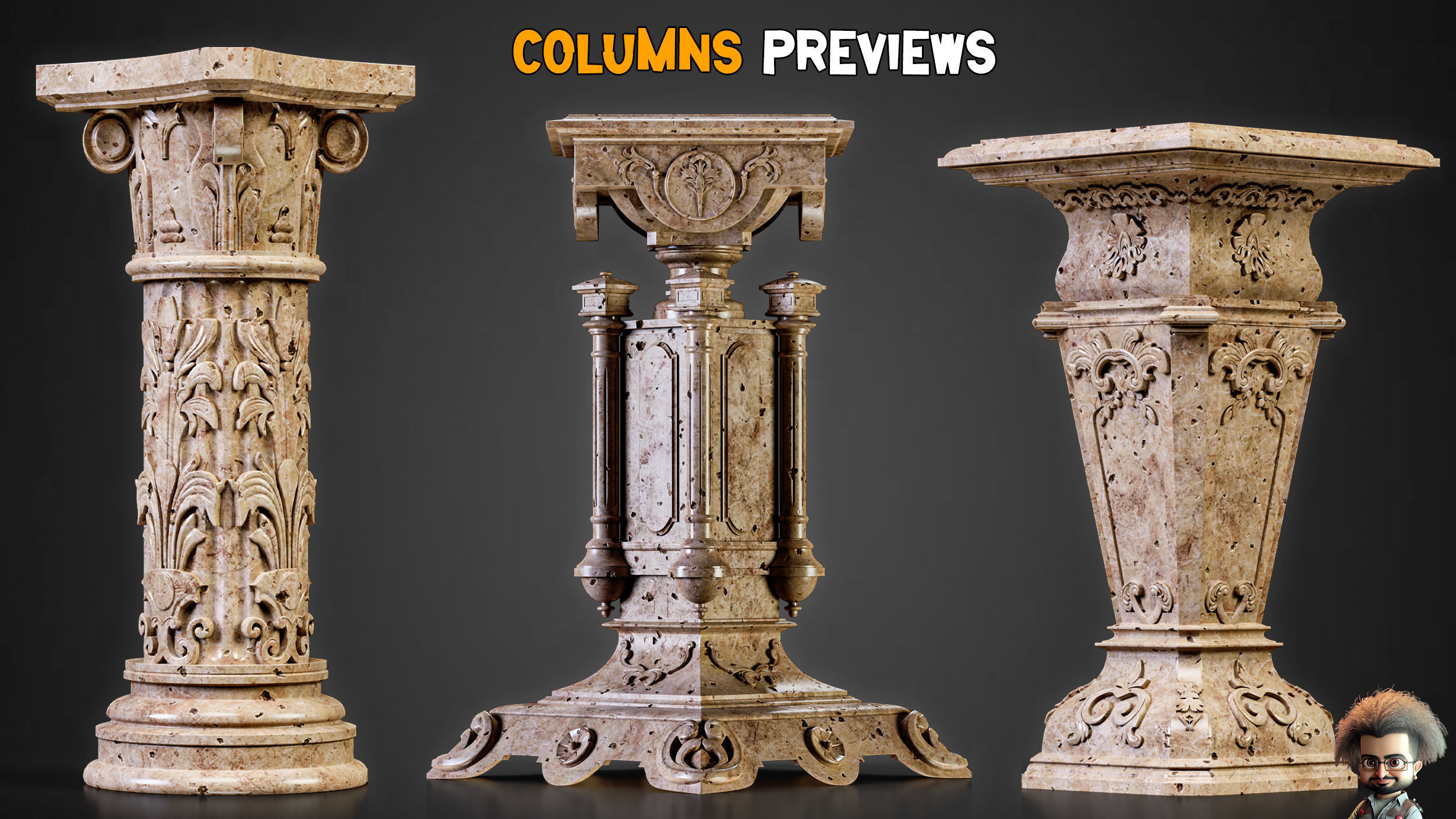 20 Gothic Columns 50 Ornaments Brushes IMM  Tutorials   Vol 30 Low-poly 3D model_5
