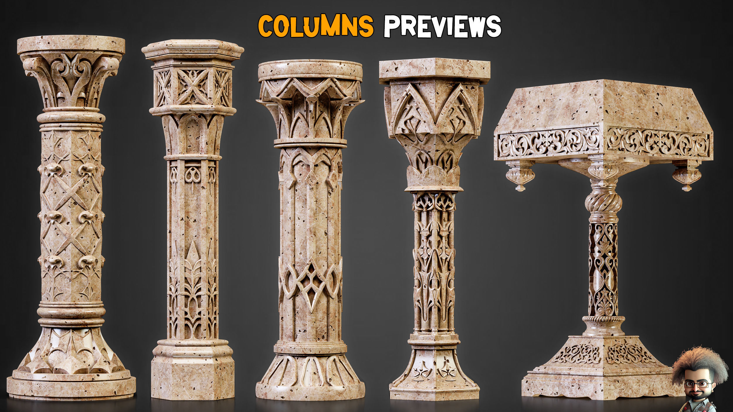 20 Gothic Columns 50 Ornaments Brushes IMM  Tutorials   Vol 30 Low-poly 3D model_4