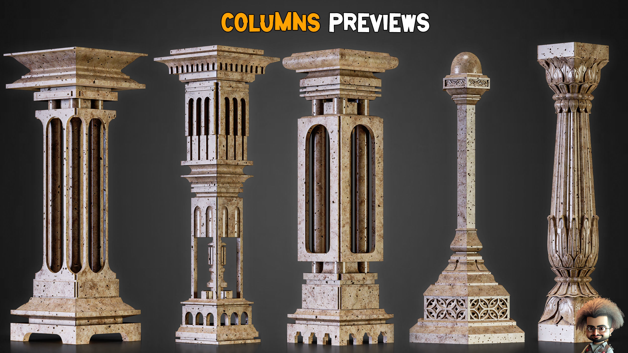 20 Gothic Columns 50 Ornaments Brushes IMM  Tutorials   Vol 30 Low-poly 3D model_3