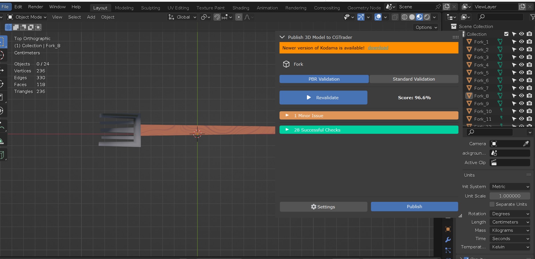 Dinner fork in metal material  wooden handle real dimension  Low-poly 3D model_16