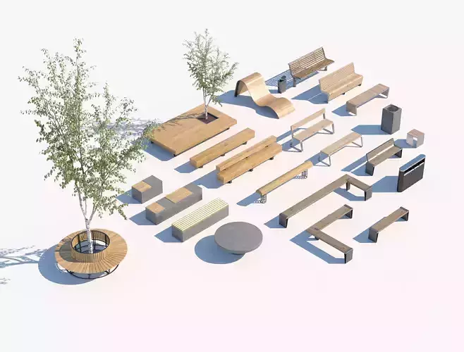 Complete 3D Set of Modern Urban Furniture for Public Spaces