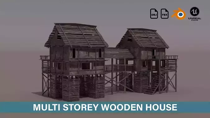 Low Poly Multi-Storey Wooden House Low-poly 3D model