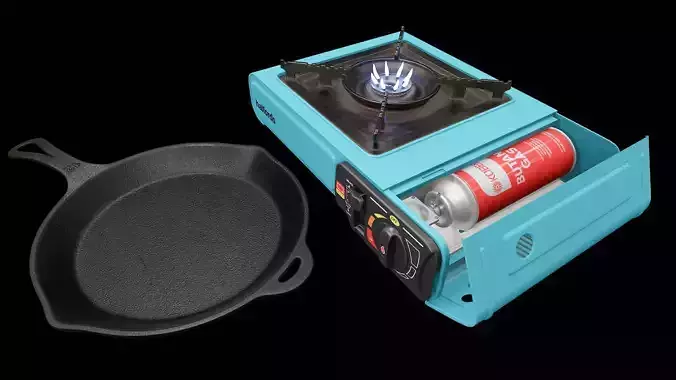 Camping Gas Stove and pan Low-poly 3D model