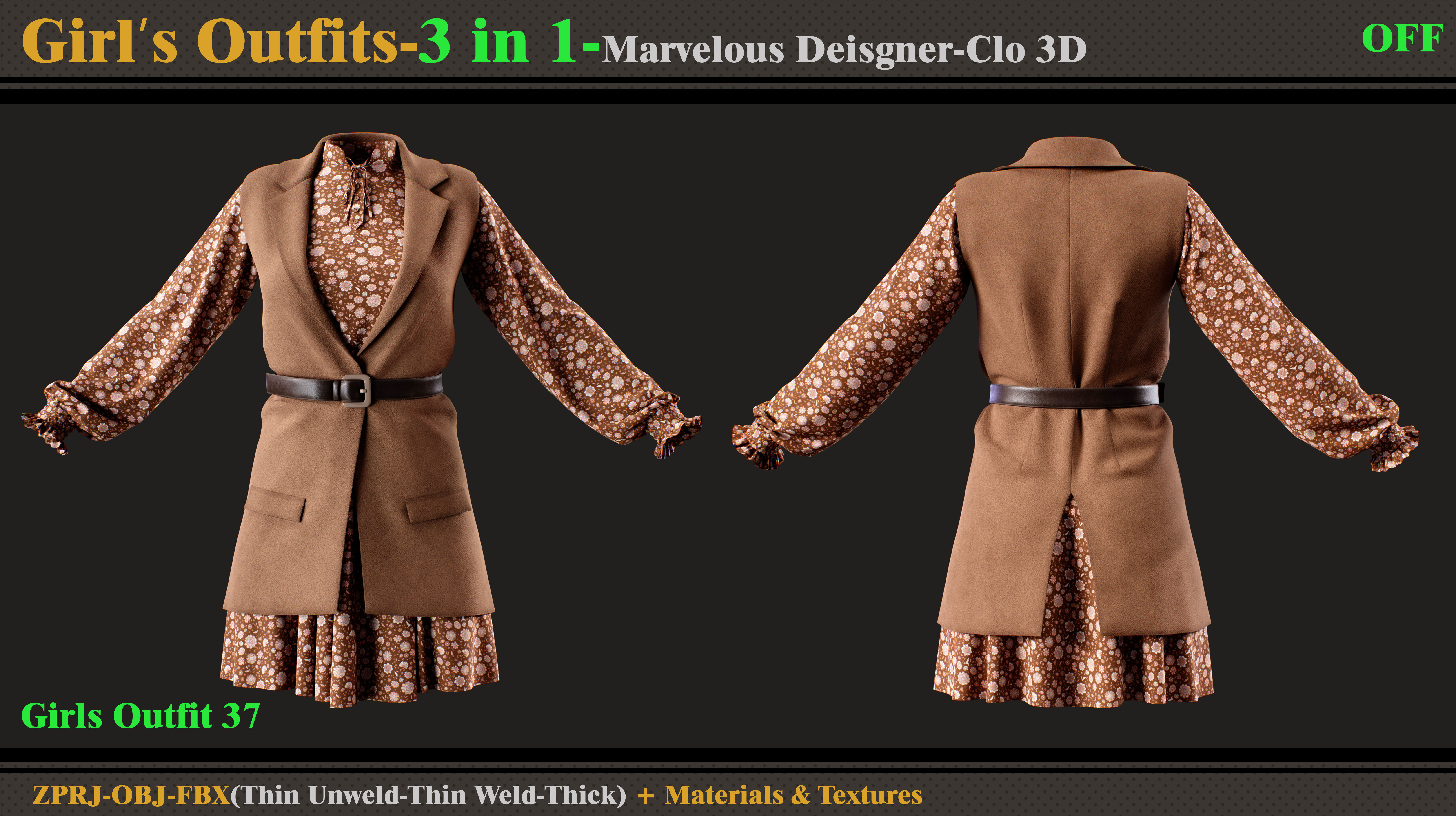 3 in 1 Girls Outfits-MD-Clo3d-OBJ-FBX-ZPRJ-Materials-Textures 3D model_1