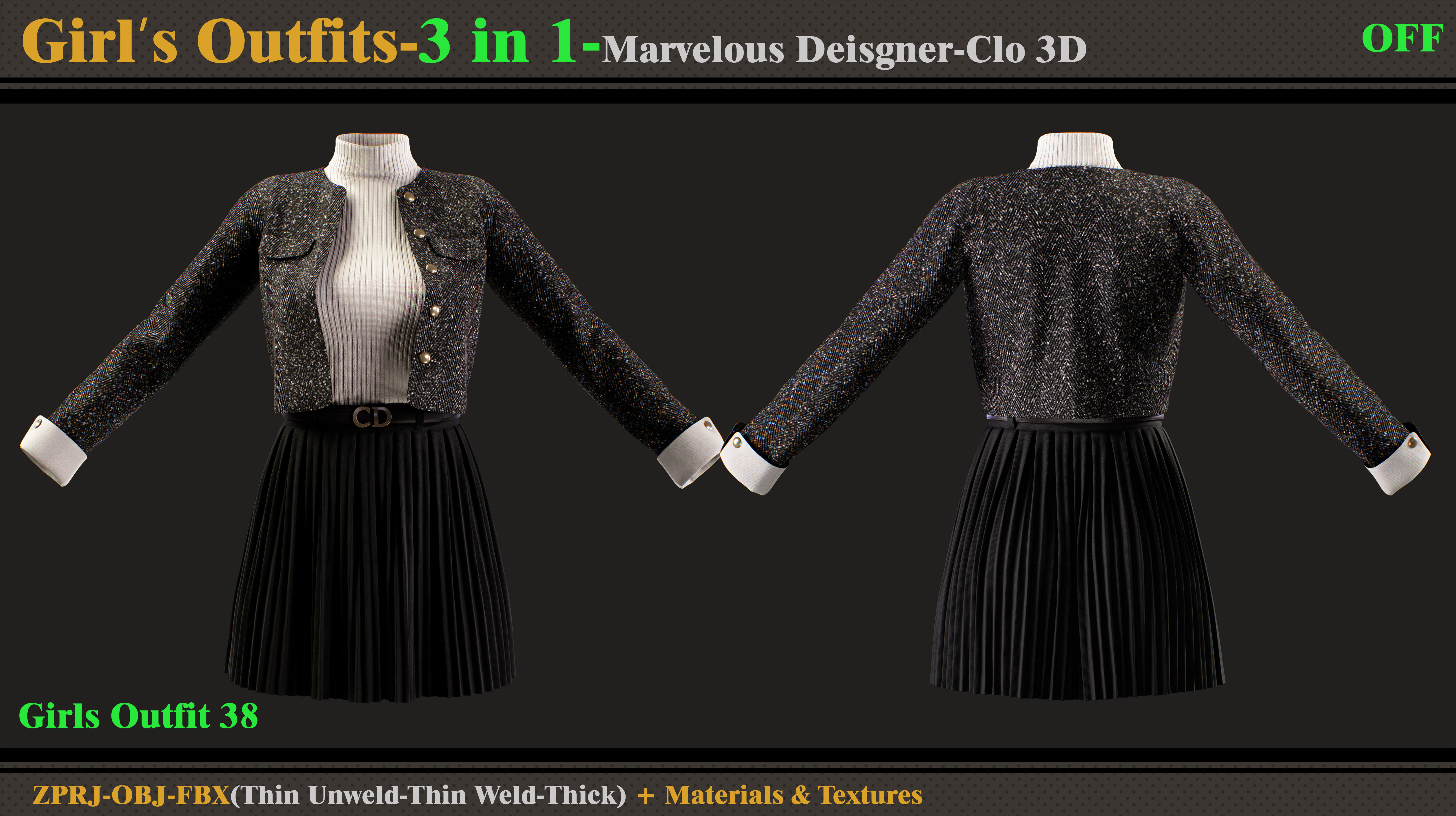 3 in 1 Girls Outfits-MD-Clo3d-OBJ-FBX-ZPRJ-Materials-Textures 3D model_2