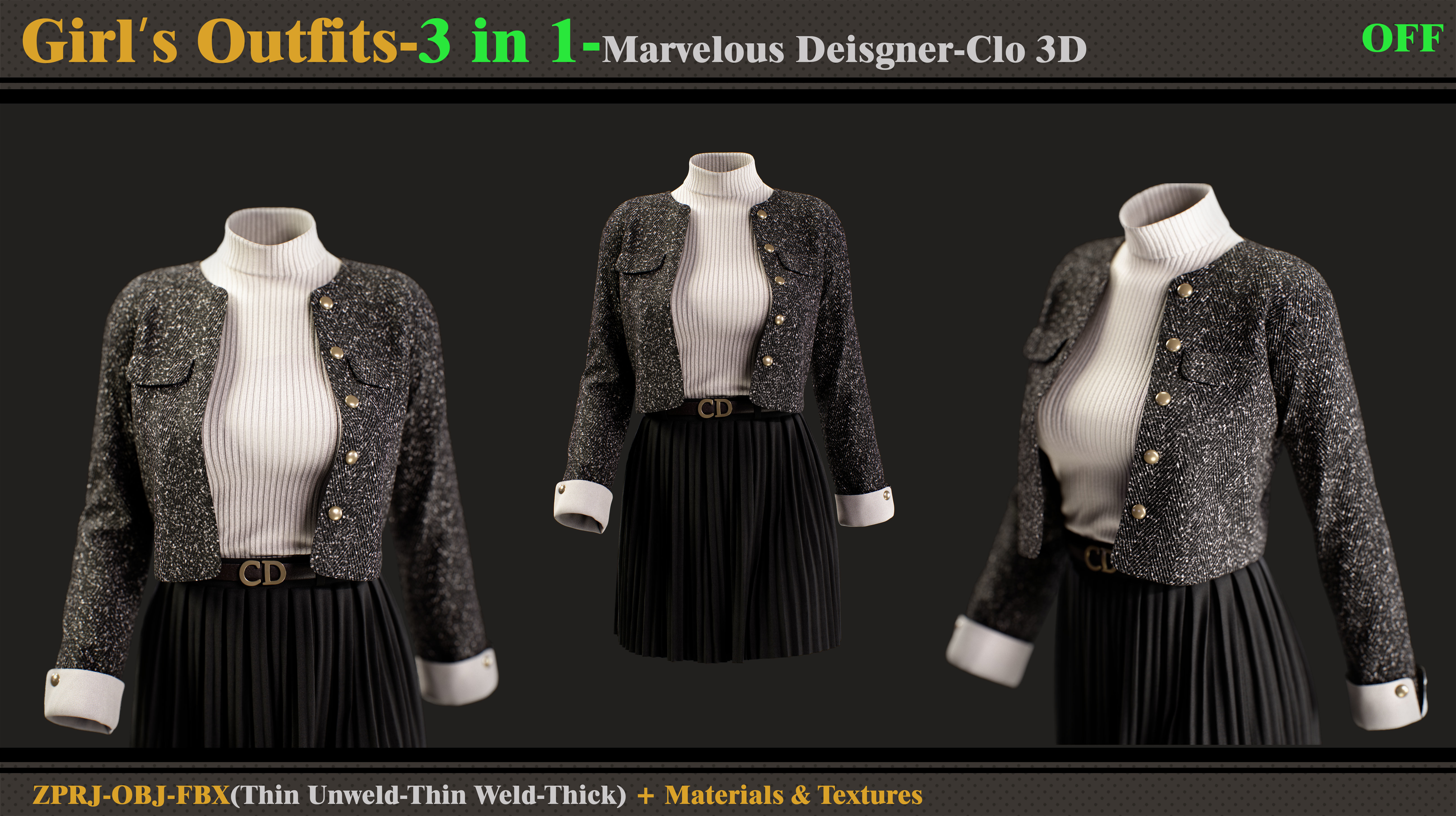 3 in 1 Girls Outfits-MD-Clo3d-OBJ-FBX-ZPRJ-Materials-Textures 3D model_5