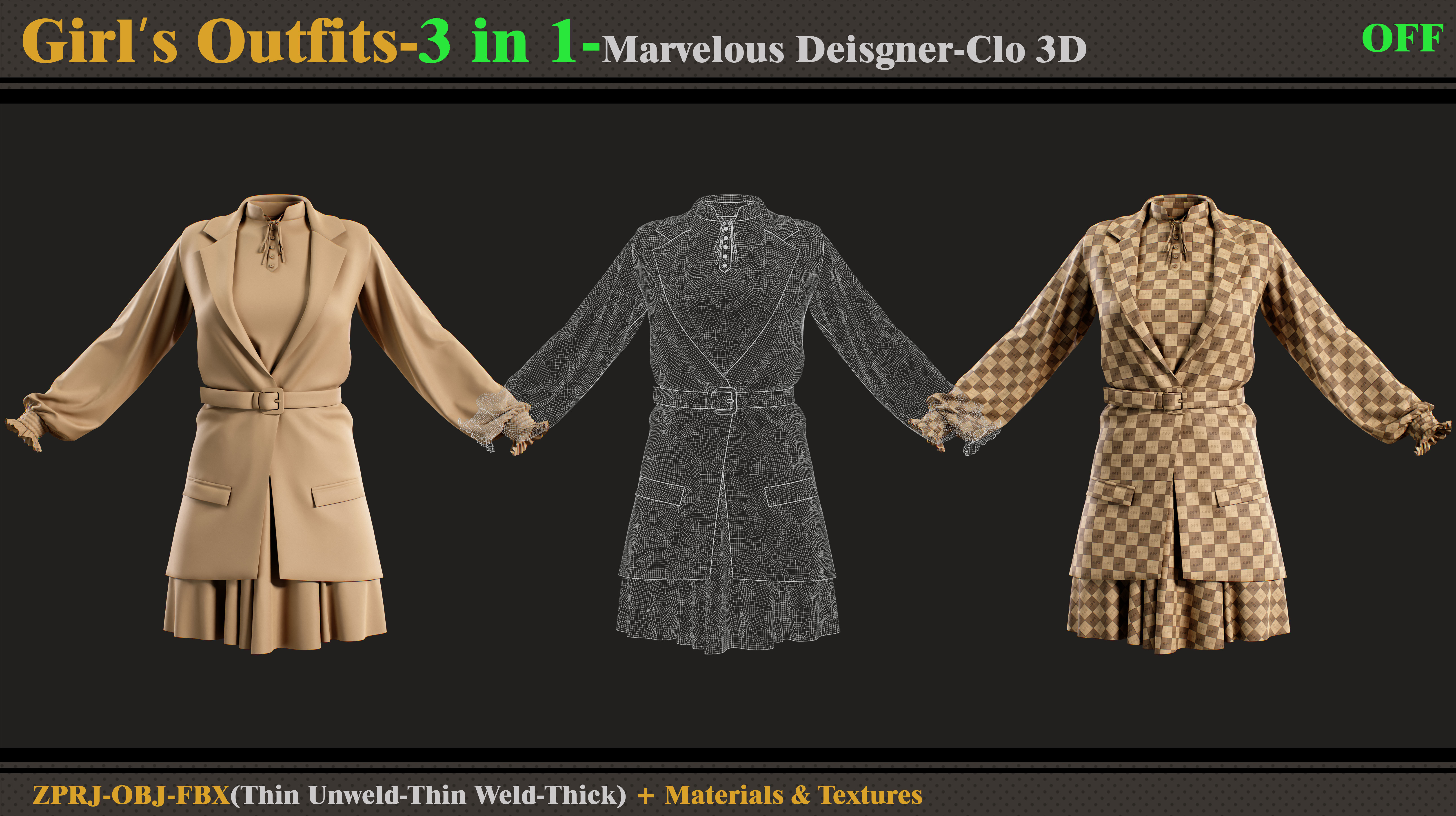 3 in 1 Girls Outfits-MD-Clo3d-OBJ-FBX-ZPRJ-Materials-Textures 3D model_7
