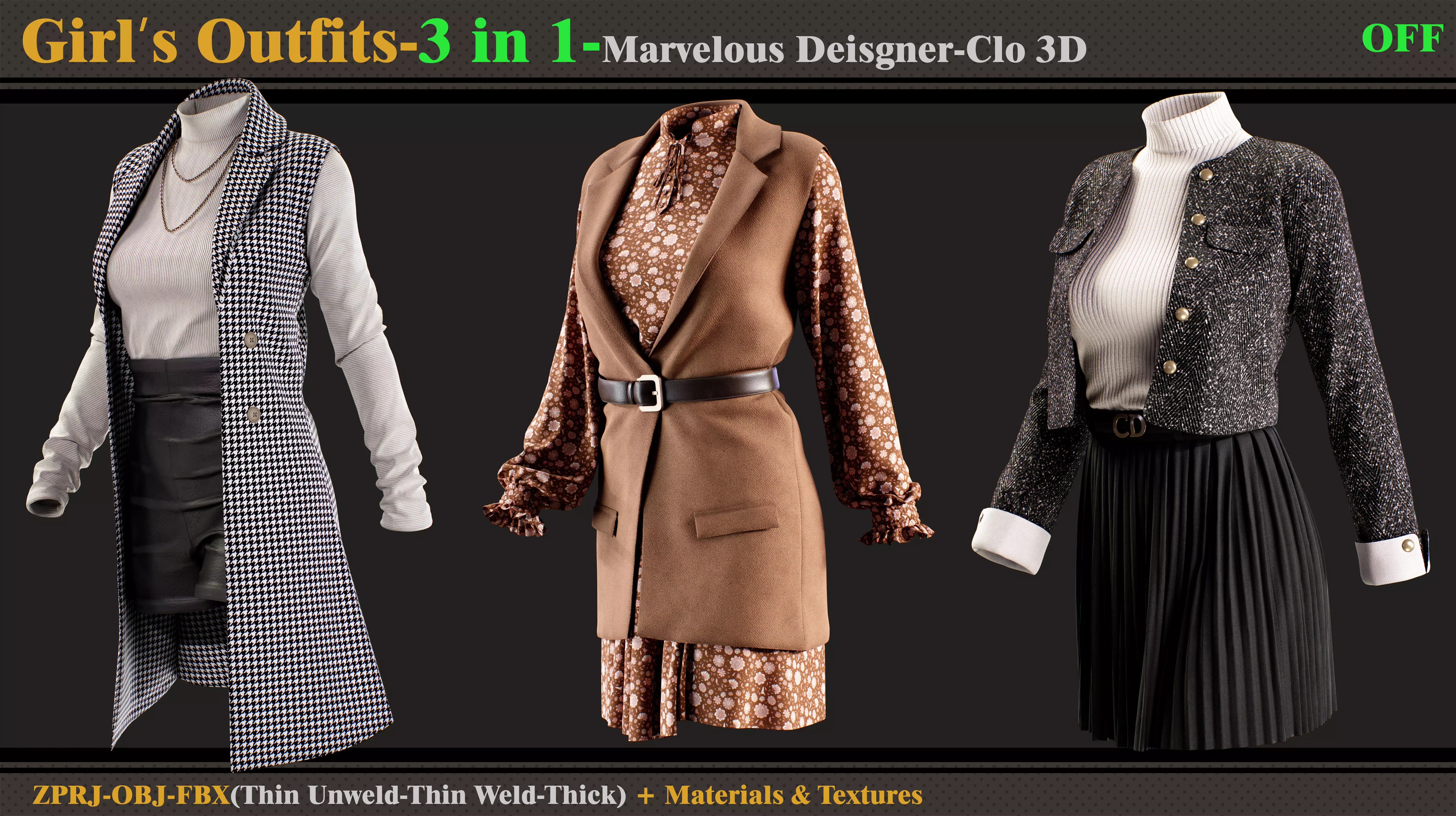3 in 1 Girls Outfits-MD-Clo3d-OBJ-FBX-ZPRJ-Materials-Textures 3D model_0