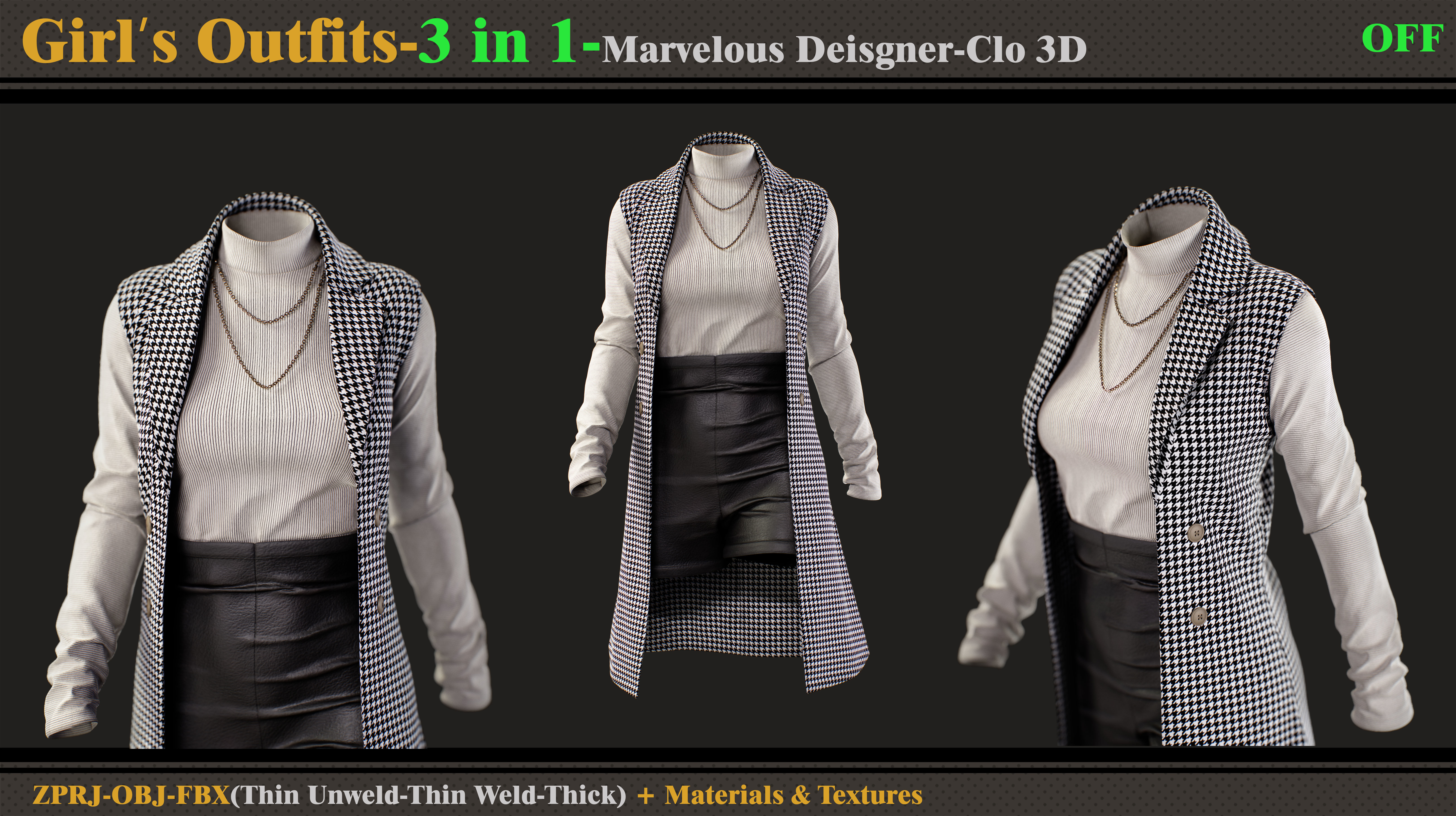 3 in 1 Girls Outfits-MD-Clo3d-OBJ-FBX-ZPRJ-Materials-Textures 3D model_6