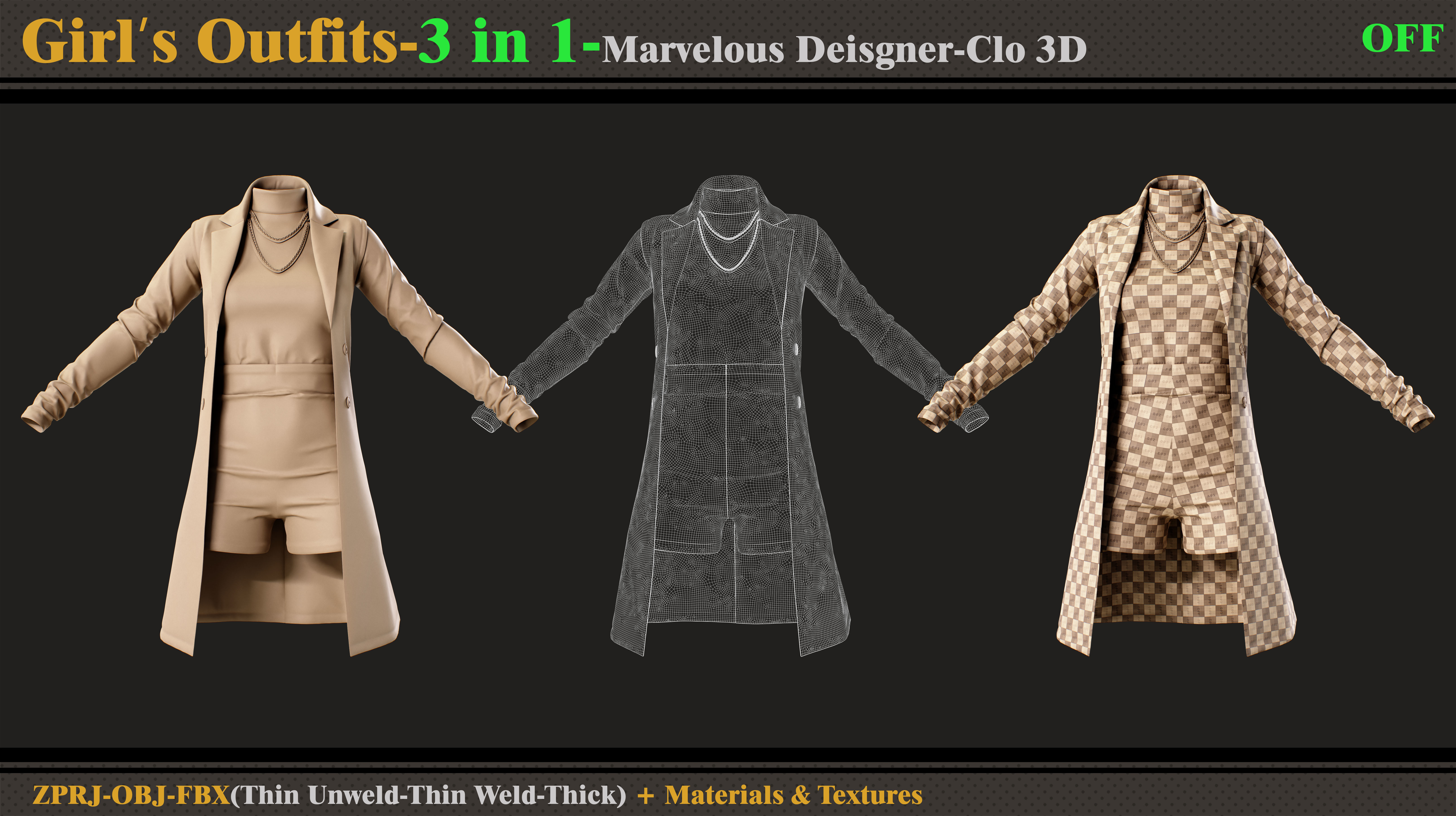 3 in 1 Girls Outfits-MD-Clo3d-OBJ-FBX-ZPRJ-Materials-Textures 3D model_9