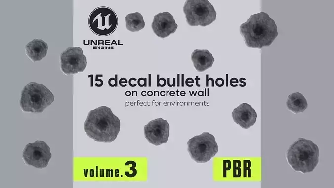 15 Bullet Hole Decals Pack on Concrete Wall 3 Texture