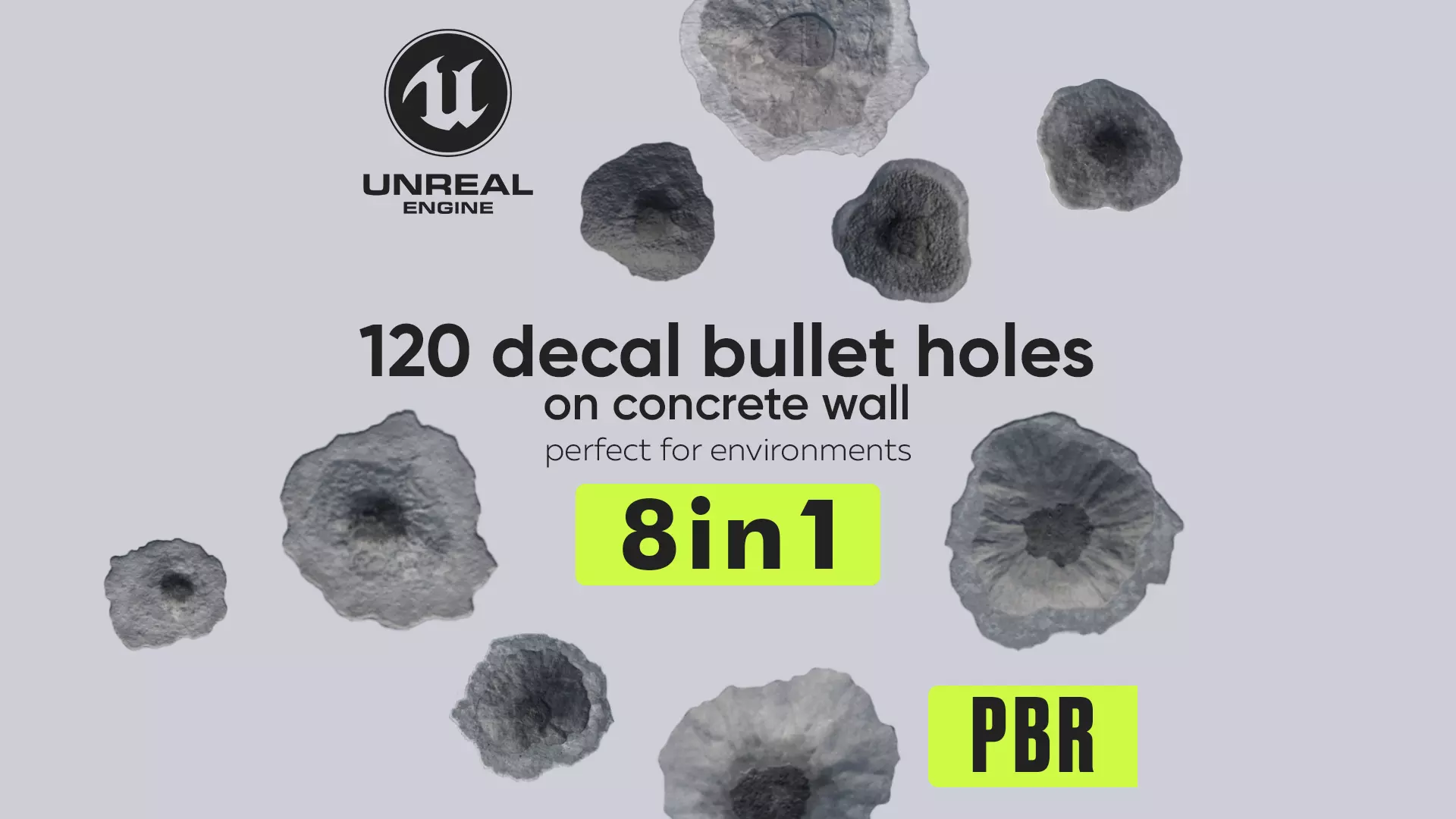 120 Bullet Hole Decals Pack on Concrete Wall Texture_0