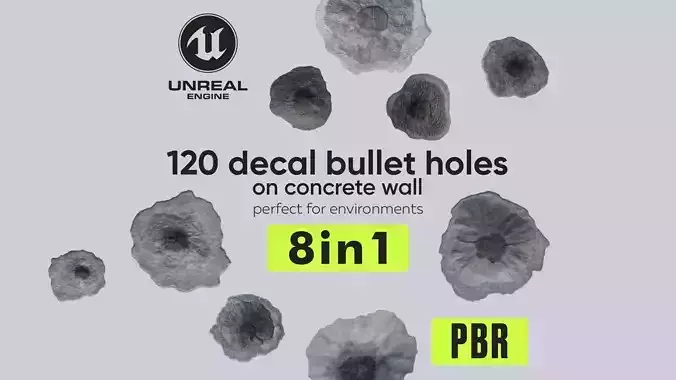 120 Bullet Hole Decals Pack on Concrete Wall Texture