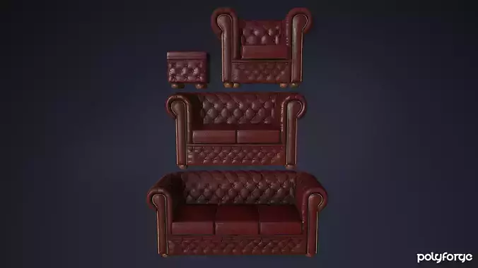 Leather Couch Chesterfield Set - Sofa Armchair - Game Ready