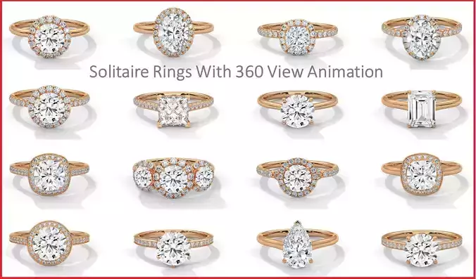 104 Solitaire rings with 360 view animation 3D Model Collection