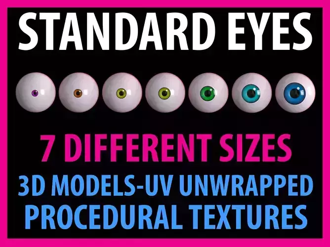 7 Standard Stylized Eyes - Different Sizes - Procedural Textures Low-poly 3D model