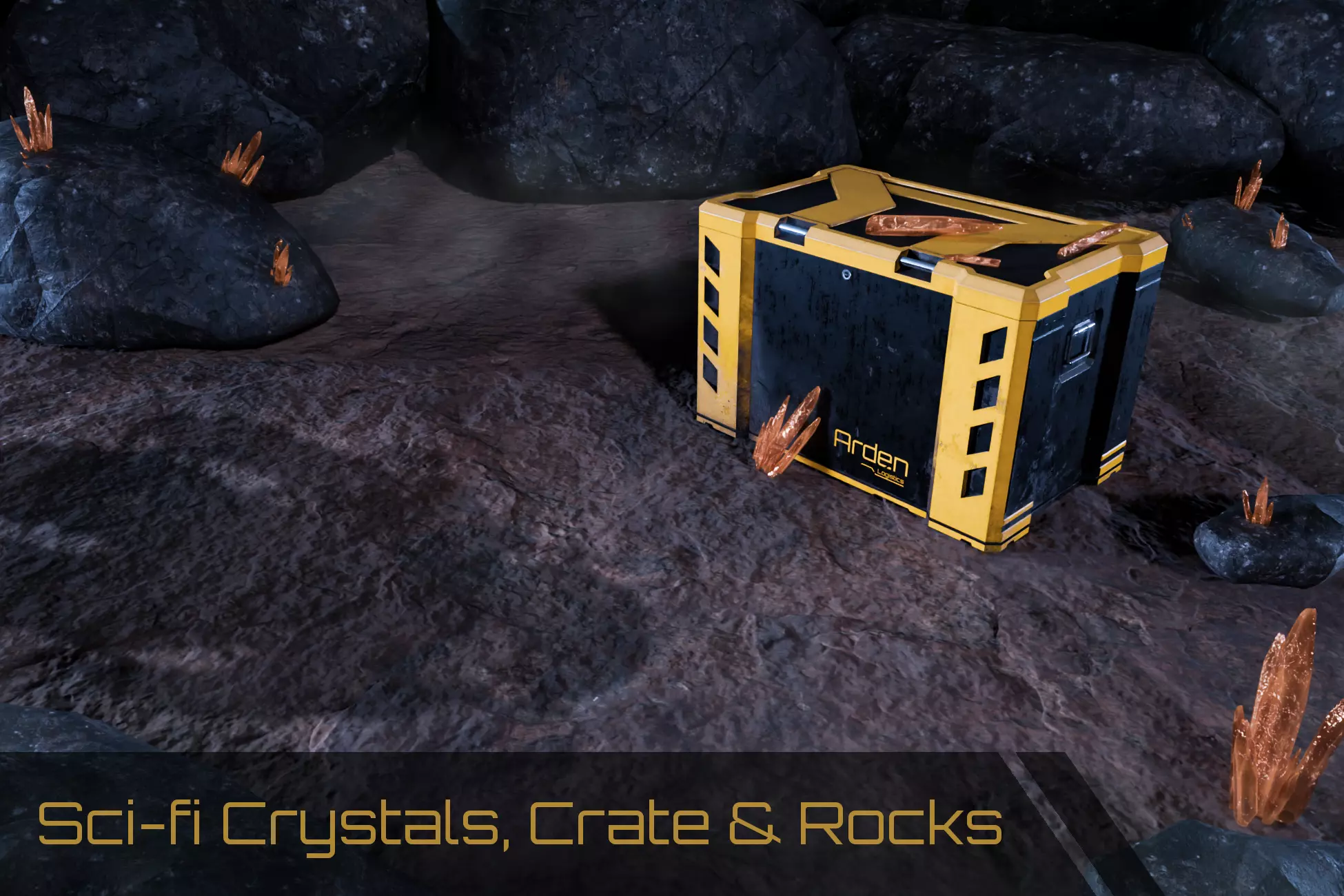 Sci fi Crystals and Resource Crate and Rocks Low-poly 3D model_0