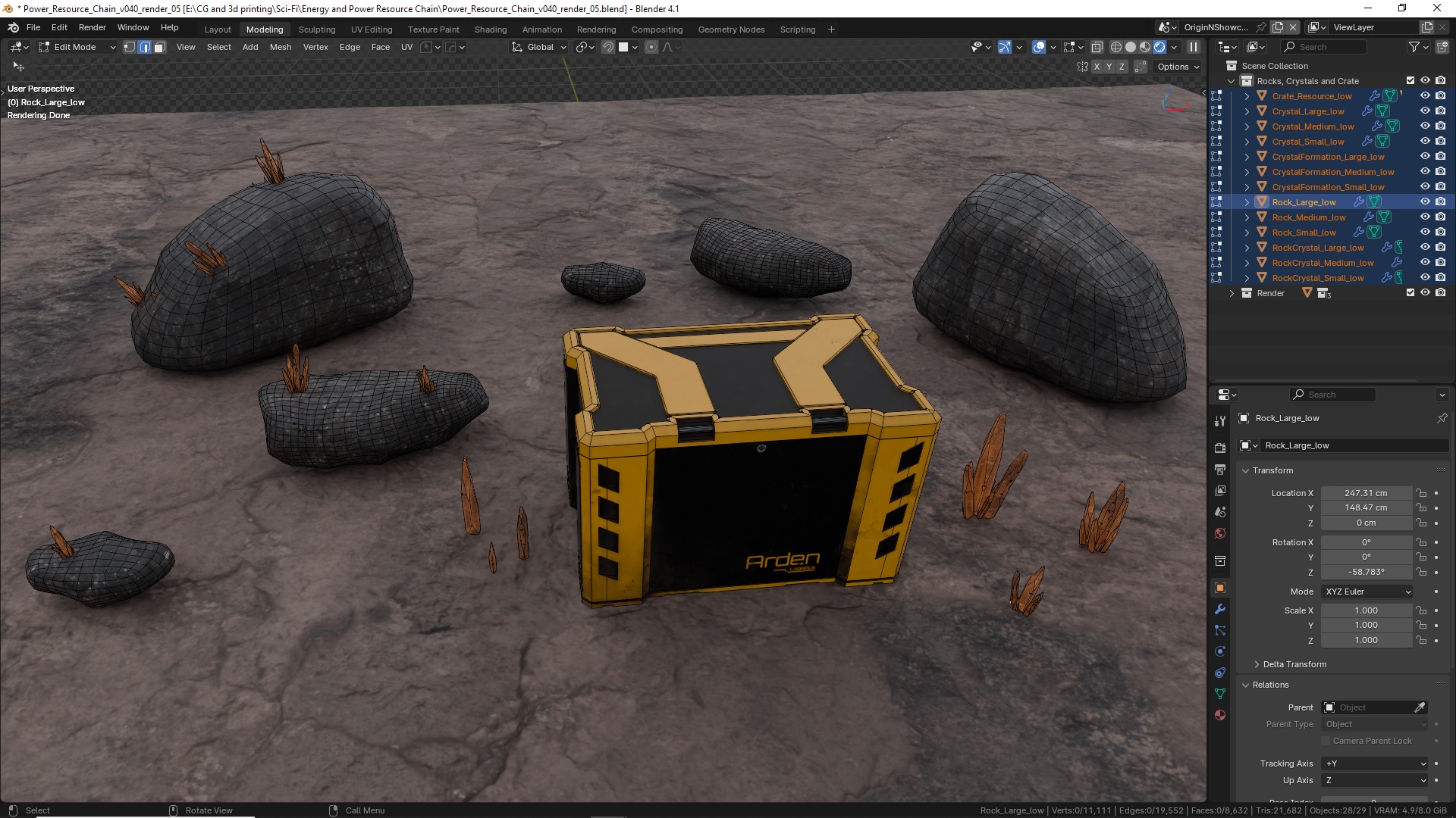 Sci fi Crystals and Resource Crate and Rocks Low-poly 3D model_15