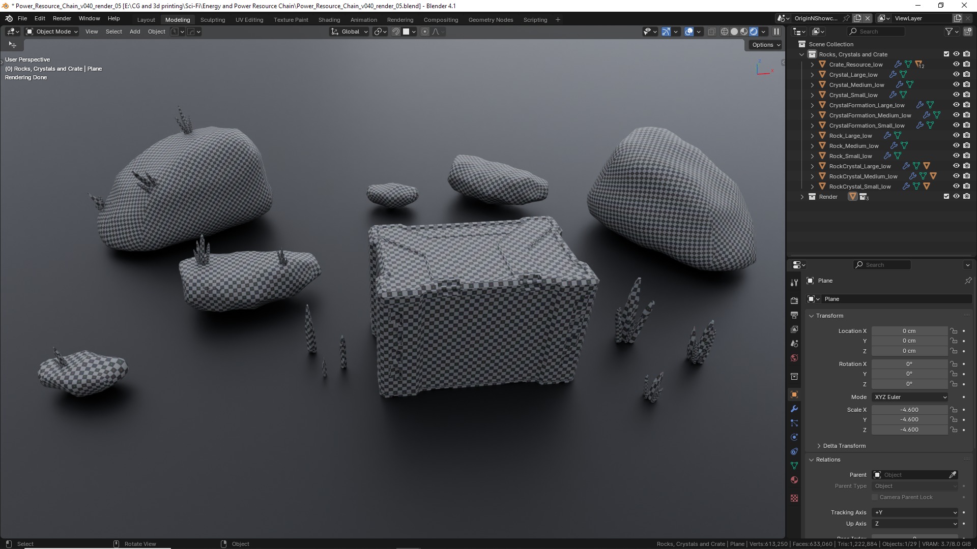 Sci fi Crystals and Resource Crate and Rocks Low-poly 3D model_16