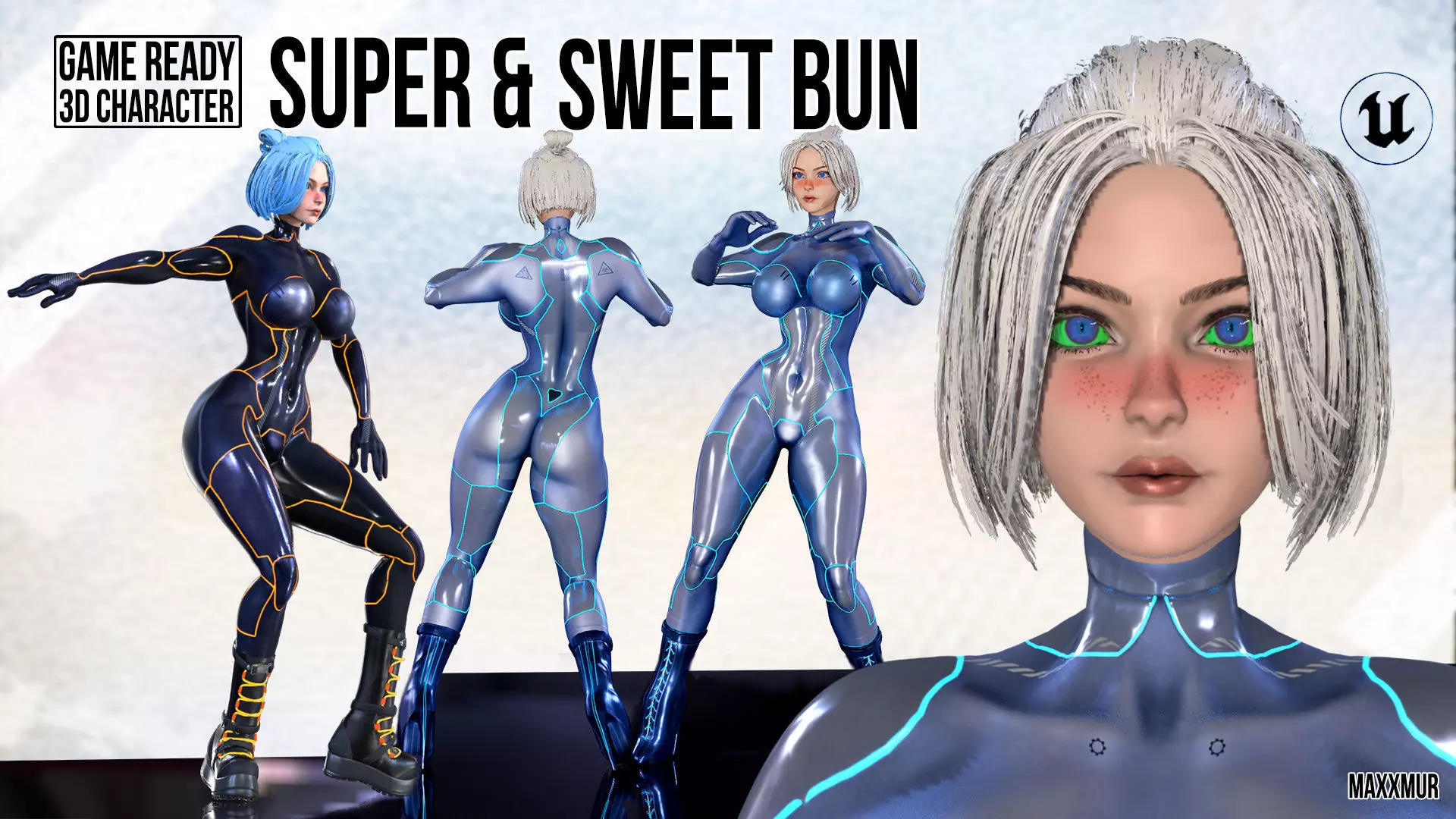 Gameready womans characters SweetBun Super Bun mini pack Low-poly 3D model_0