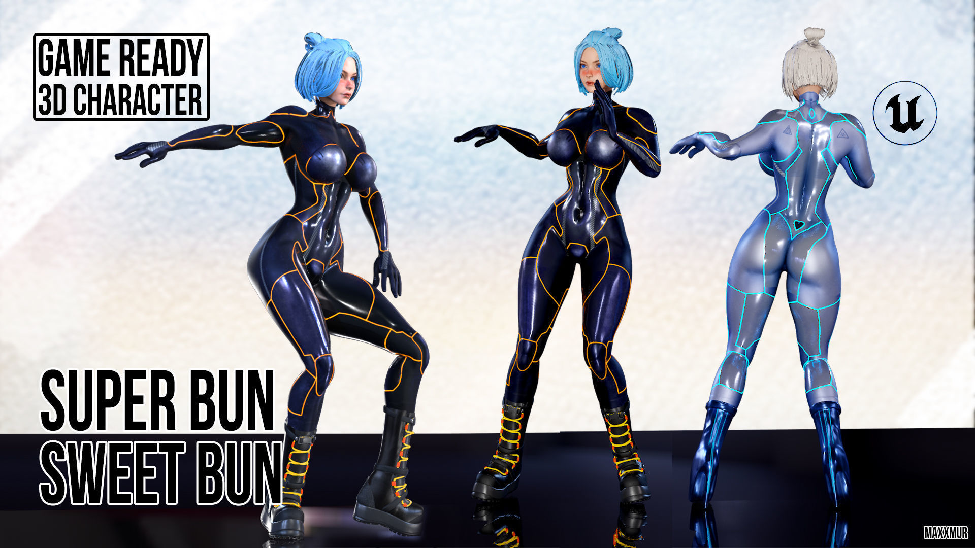 Gameready womans characters SweetBun Super Bun mini pack Low-poly 3D model_5