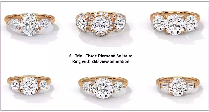 6 - Trio - Three Diamond Solitaire ring with 360 view animation 3D Model Collection