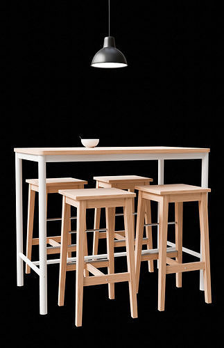 Wood Table with Stools  3D model