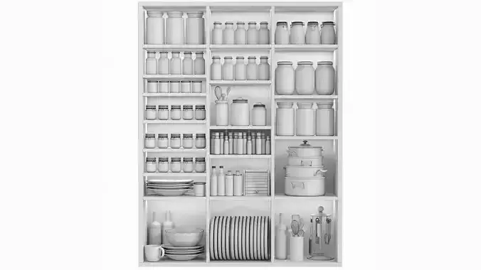 A cabinet with kitchen utensils dishes and decor 3D model