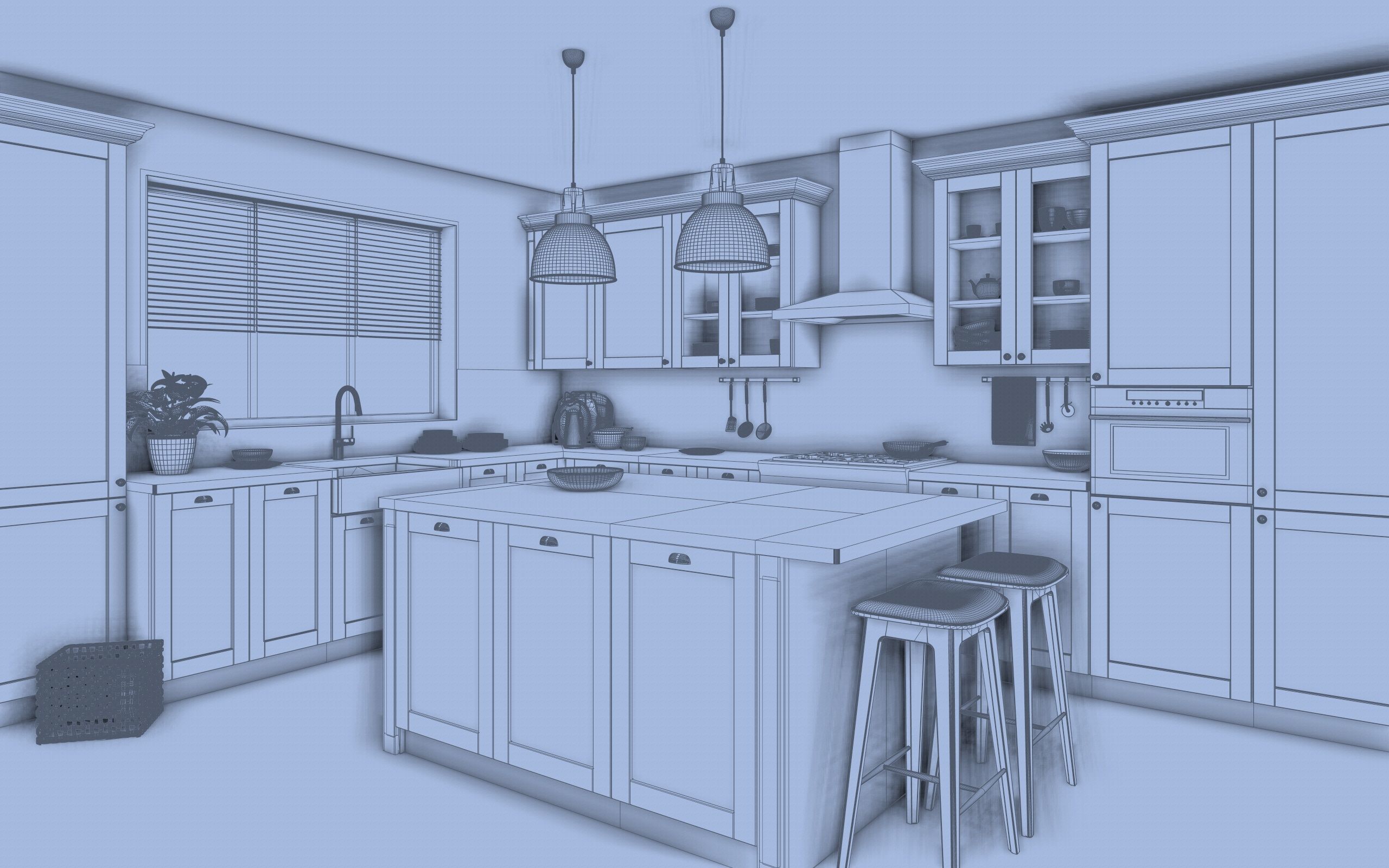 A kitchen with a classic L-shaped layout with a spacious island 3D model_1