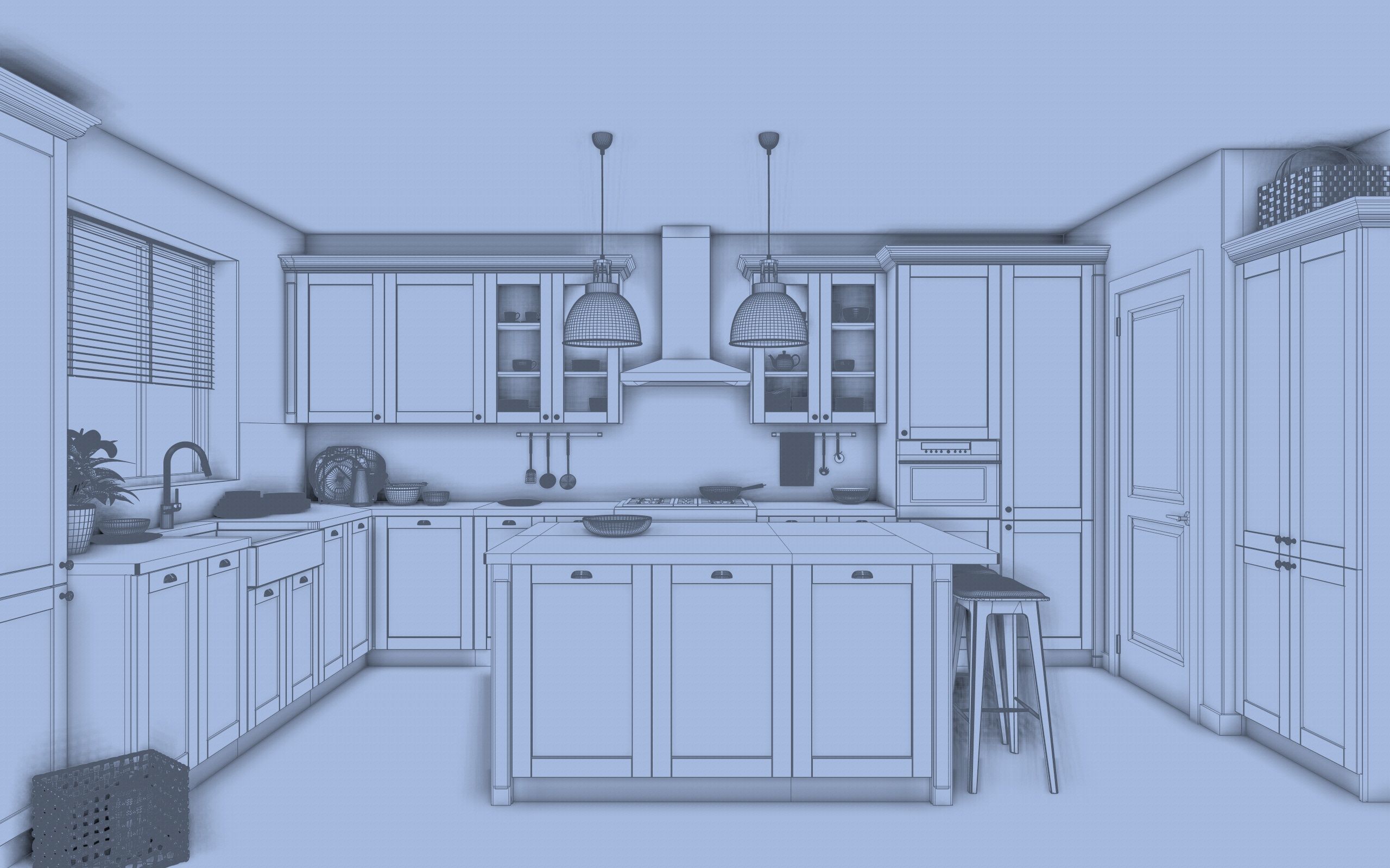 A kitchen with a classic L-shaped layout with a spacious island 3D model_11
