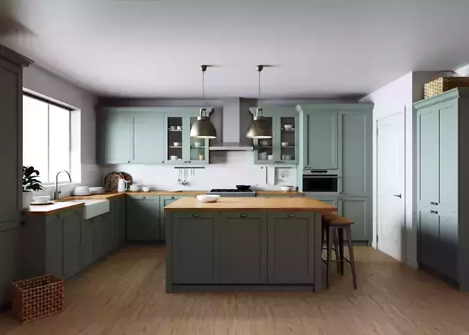 A kitchen with a classic L-shaped layout with a spacious island