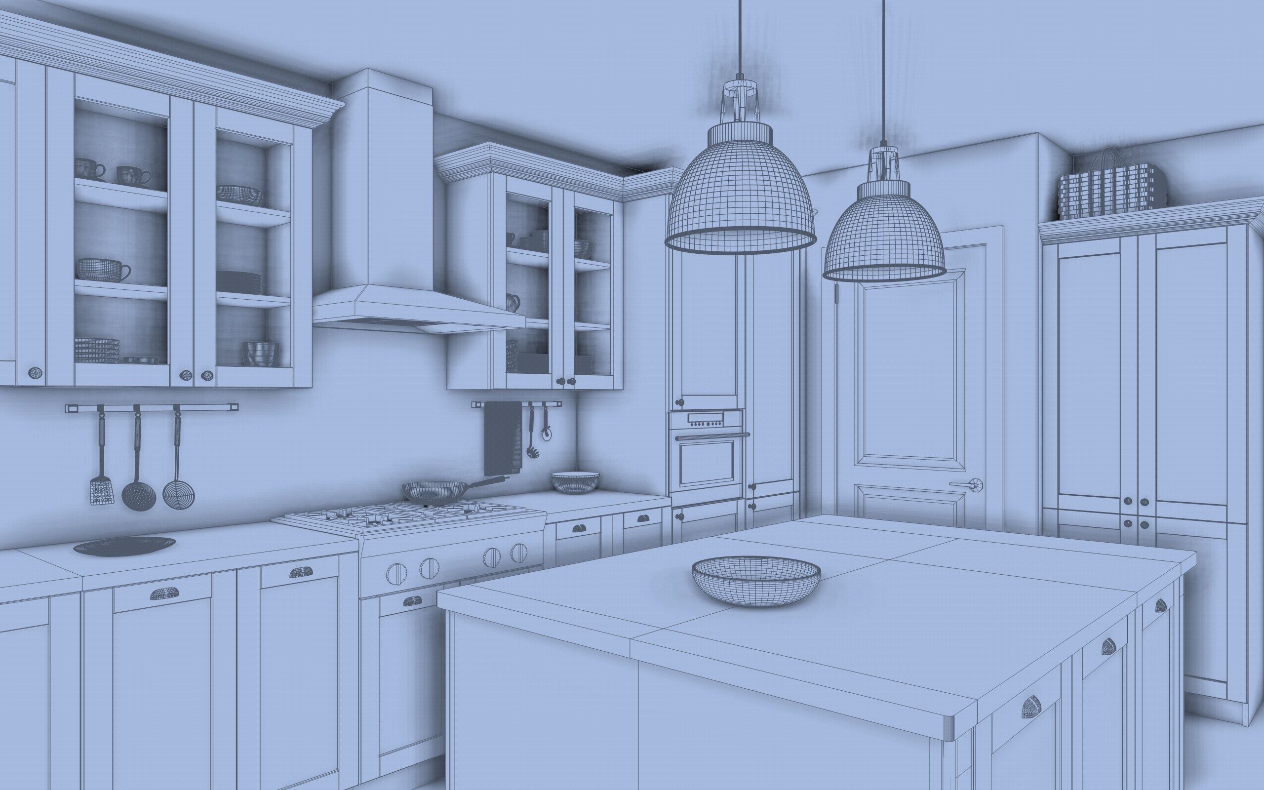 A kitchen with a classic L-shaped layout with a spacious island 3D model_3