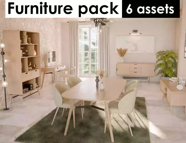 Furniture collection made with wood and steel  Low-poly 3D model