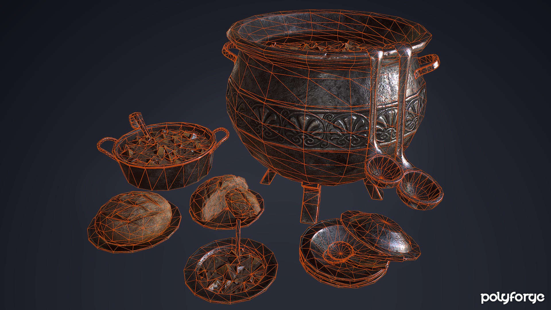 Medieval Cooking Set - Stew Pot Cauldron Bowl Plate Ladle Bread Low-poly 3D model_5